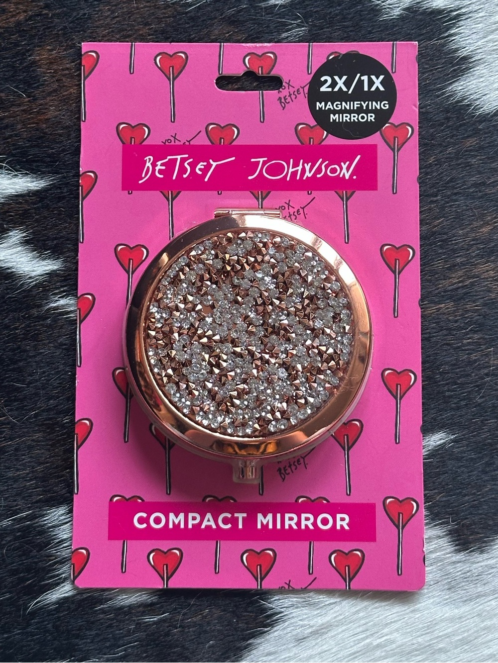 Betsey Johnson Rose Rose Gold and Silver Glitter Compact Mirror 2x/1x Magnifying